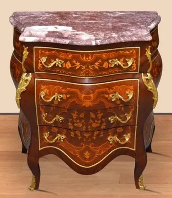 Image de Casa Padrino Commode Baroque Marron Marqueterie / Or / Rouge - Commode de style antique faite à la main avec 4 tiroirs et dessus en marbre - Meubles baroques