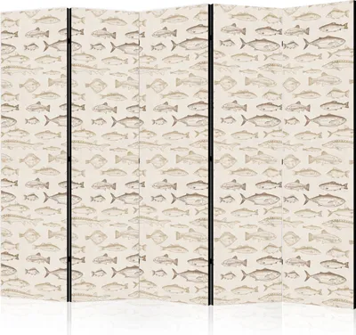 Produktbild von 5-teiliger Doppelseitiger Vlies Paravent - Fish in Beige Tones - Various Species of Fish in Beige-Brown Colors Presented in Vintage Style on a Light Background 225x172 cm Tiere g-C-10157-z-b