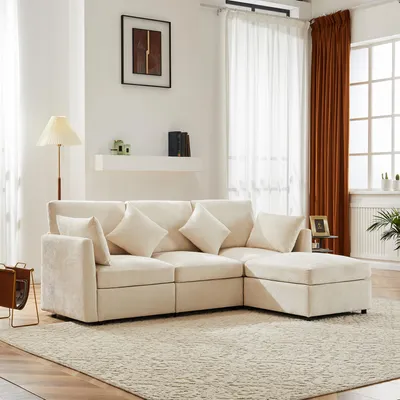 Immagine prodotto di Divano angolare Merax, divano a L con funzione letto, divano 3-4 posti Soffa con 4 cuscini, divano da salotto, set di divani, tessuto ciniglia, beige