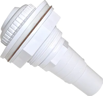 A white plastic pool inlet nozzle with a threaded connection and a hose adapter.