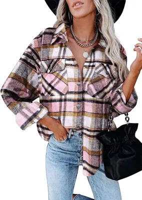 Produktbild von ASKSA Damen Bluse Kariert Hemdjacke Knöpfe Langarm Strickjacke Jacke Freizeithemd, Rosa, M