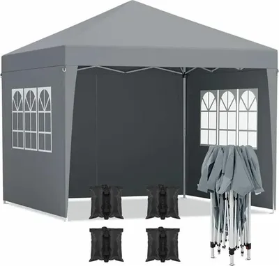 Obrázek produktu pro Zahradní pavilon - Párty stan/gazebo 3x3 m - Ocelový rám - Plátěná tkanina potaženáPolyuretan- 4 boční stěny - Ochrana proti slunci - Tmavě šedá barva