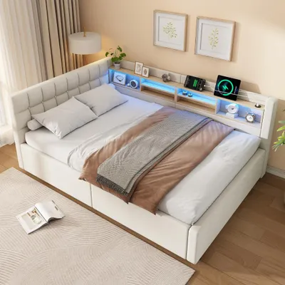 Produktbild von Daybett, Multifunktionales Schlafsofa mit dimmbarer LED-Beleuchtung und USB-Anschluss, inklusive praktischen Regal und hydraulischem Stauraum, Ohne Matratze, Beige, 140x200cm
