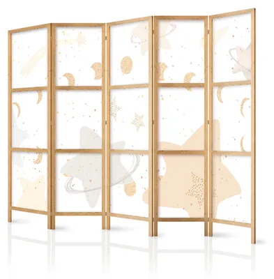 Produktbild von Muralo Japanischer PARAVENT 5-teilig Raumteiler klappbar PREMIUM-Vliesleinwand PASTELLFARBENE STERNE UND MONDE für Kinderzimmer 225cmx172cm