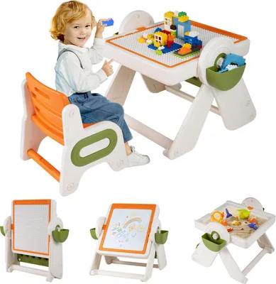 Produktbild von COSTWAY 6-in-1 Kinder-Tisch & Stuhl Set, Kindersitzgruppe mit Tischplatte, Stifteschlitz, Körben & Bücherregal, Spieltisch für Kinder ab 18 Monaten