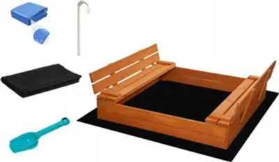 Produktbild von Sandkasten aus Holz mit Deckel Sand Kasten mit Sitzbank & Abdeckung für Kinder