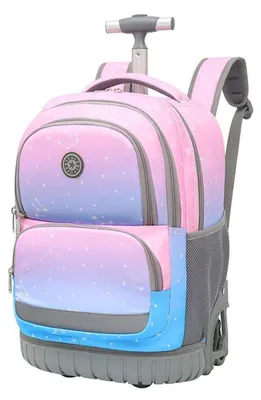 Productafbeelding van Trolley rugzak met wielen voor kinderen, schooltas, schooltrolley, 31x28x46cm, sterrenhemelblauw/roze