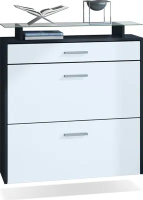 Produktbild von Vladon Schuhschrank Malea, hängender Schuhkipper für 16 Paar Schuhe mit 2 Klappen und 1 Schublade und Glasablage, Schwarz matt/Weiß matt (89 x 96 x 23 cm)
