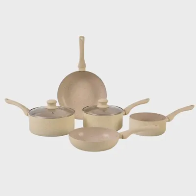 Image de Ensemble de 7 pièces de batterie de cuisine Herzberg en aluminium antiadhésif avec revêtement en pierre (gris)
