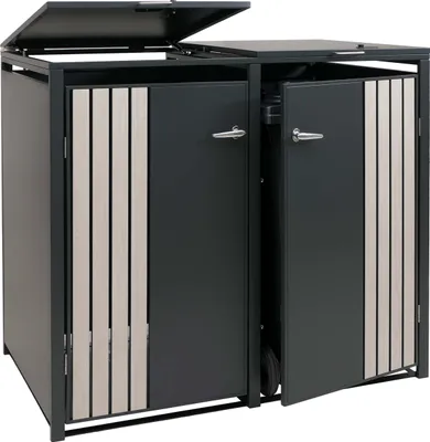 Immagine prodotto di copri cestino a 2 scomparti HWC-O67, cestino con coperchio, metallo 122x132x84cm 53kg ~ antracite look legno chiaro