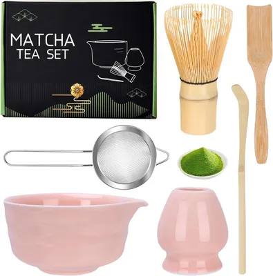 Produktbild von Matcha Set, 6-teilig, rosa, mit Schale, Besenhalter, Sieb, Löffeln, für die Zubereitung