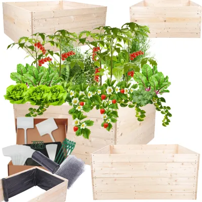 Produktbild von MODO24 Hochbeet Holz, Pflanzkasten, Massivholz, Kiefer, Kräuterbeet, Blumenkasten, Garten, Terrasse, 54x120x117 cm, Natur, ZP06