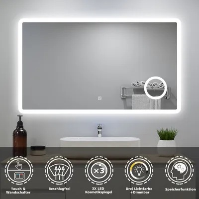 A bathroom mirror with integrated LED lighting and various features highlighted by icons and text.
