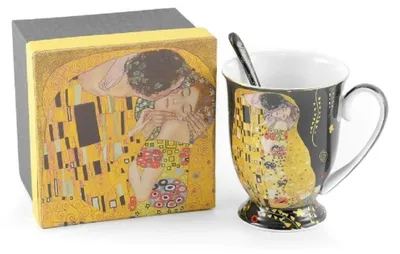 Produktbild von HOME ELEMENTS Porzellanbecher mit Löffel 280 ml, Klimt Kiss schwarz