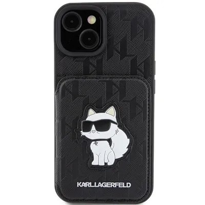 Produktbild von Karl Lagerfeld KLHCP15SSAKCNSCK iPhone 15 / 14 / 13 6.1" schwarz hardcase Saffiano Cardslots and Stand Monogram Choupette Schutzhülle