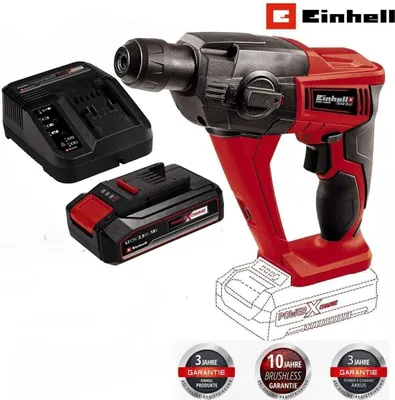 A collage showing a cordless hammer drill, a battery, and a charger, along with marketing badges.