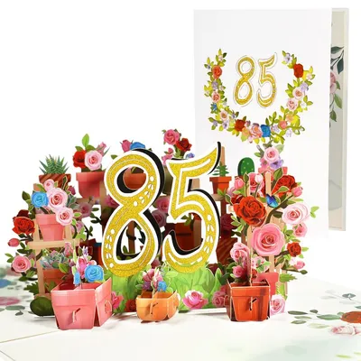 Produktbild von Pop-up-Geburtstagskarte zum 85. Geburtstag mit Blumen und Geschenken