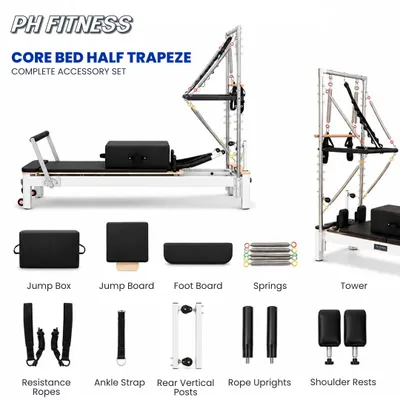 Image de PH Fitness Reformer Pilates en aluminium avec Half Trapeze Tower – système à 6 ressorts, polyvalent, qualité studio pour la salle de sport à domicile