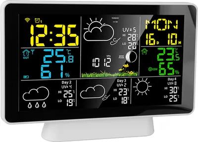 Produktbild von Intelligente Wetteruhr 7,5 Zoll Farbdisplay Temperatur Luftfeuchtigkeit Wecker Wireless Wettervorhersage Station für Indoor Outdoor US-Stecker