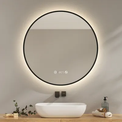 Obrázok produktu pre EMKE Kúpeľňové zrkadlo okrúhle LED zrkadlo s osvetlením f80cm Čierne okrúhle kúpeľňové zrkadlo s ochranou proti zahmlievaniu, hodinami, teplotou, stmievaním, pamäťovou funkciou - neutrálne svetlo 4300K