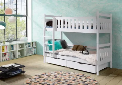 Produktbild von KEF ADRIANA Etagenbett Kinder Holz Kinderbett für Zwei Kinder Leiter Links ohne Matratze Weiß 80x160 cm