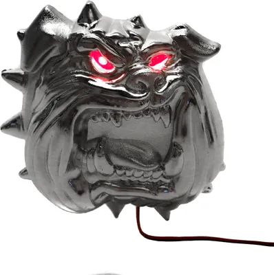 Produktbild von Bulldoggen-Kopf mit rot leuchtenden Augen in Chrom-Optik, LKW LED Innenbeleuchtung, 24 Volt, Rückseite selbstklebend