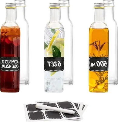 Produktbild von 6 Glasflaschen à 500 ml mit quadratischem Schraubverschluss – Leere Flaschen zum Befüllen – 6 Etiketten zum Beschriften – Für Öl, Essig, Saft und Limonade