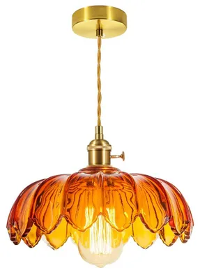 Vintage Hängelampe 25 cm, amberfarbener Glasschirm, Messing