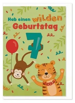 Produktbild von Geburtstagskarte für Kinder, Zahl 7, Affen- und Tigermotiv