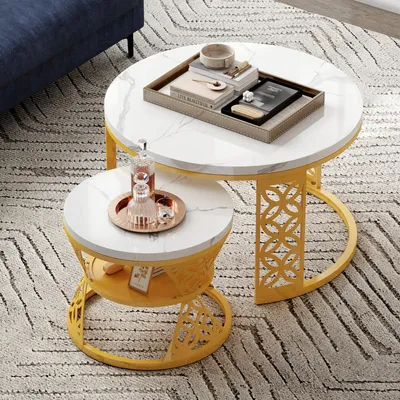 Produktbild von okwish Couchtisch-Set 2-teilig rund-weiß Marmor Optik – Goldene Metallbeine-Modern Wohnzimmer Tisch,weiß+Gold