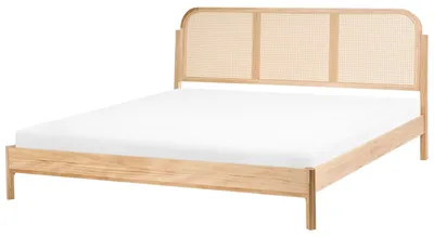 Produktbild von BELIANI Bett Hellbraun Kiefernholz mit Lattenrost 180x200 cm hohes Kopfteil Wiener-Geflecht Retro Design Schlafzimmer Holzbett Doppelbett Bettrahmen