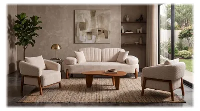 Zdjęcie produktu dla Komplet wypoczynkowy do salonu w kolorze beżowym: dwuosobowa sofa, fotel, sofy tapicerowane, nowoczesny styl