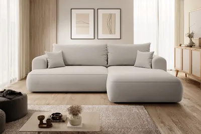 Produktbild von Selsey Ovo - Ecksofa mit Schlaffunktion, Bettkasten, Ottomane rechts, Easy-Clean-Veloursbezug in Cremeweiß