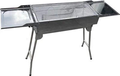 A silver metal grill with foldable legs is shown against a white background.
