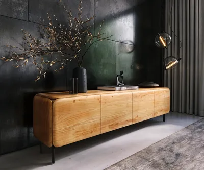 Produktbild von DELIFE Lowboard Shavani 200 cm Akazie Natur 4 Türen L-Fuß Metall Schwarz