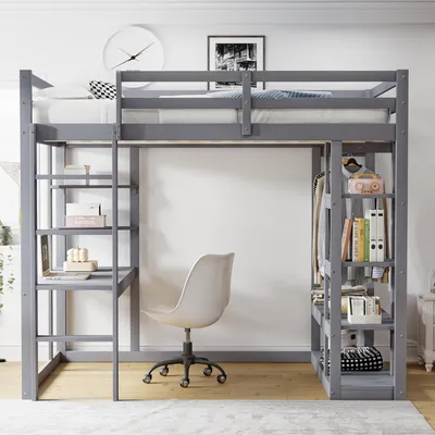 Image de Merax Lit superposé 140x200cm avec bureau et armoire, lit fonctionnel en bois massif avec espace de rangement, échelle et étagère pour enfants,Gris