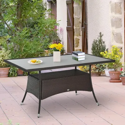 Produktbild von Gartentisch Polyrattan Esstisch groß, Outdoor Tisch Sicherheitsglas, PE-Rattan Metall, Braun Schwarz | 150x85x74 cm | 5mm Sicherheitsglas | bis 80 kg