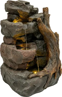 Immagine prodotto di Fontana a cascata da esterno – Fontana da giardino elettrica color grigio – 3 luci LED bianco caldo – Pompa alimentata a rete – Decorazione per giardino e casa – Willow Springs – Spazzola per la pulizia