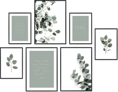 Produktbild von Hyggelig Home Premium Poster Set - 7 passende Bilder OHNE RAHMEN - Eukalyptus grün Natur Blätter Pflanzen Wandbilder für Wohnzimmer Schlafzimmer - 3 x DIN A3 + 4 x DIN A4 Set Leaves