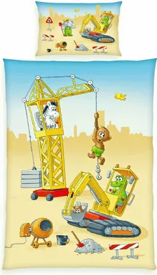 Produktbild von Herding Kinder Renforce Baby Bettwäsche 2 tlg. 100x135cm Baustelle Bagger Kran Zootiere Gelb Blau Knopfleiste