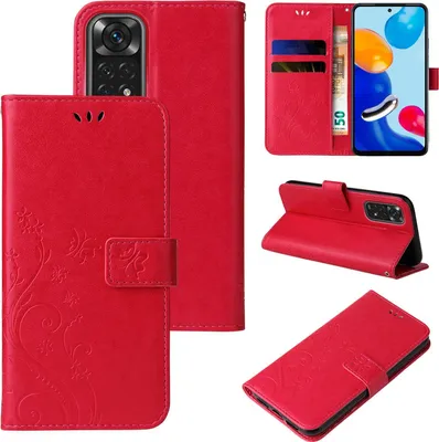 A collage of images showing a red floral flip phone case for a Xiaomi Redmi Note 11.