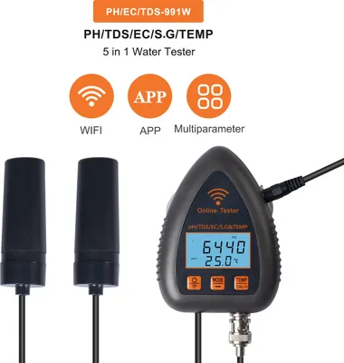 Zdjęcie produktu dla 991W Bluetooth Wifi Cyfrowy tester jakości wody Mini 5 w 1 Analizator wody PH / EC / TDS / SG / Temperatura APP Zdalne monitorowanie Powiadomienie alarmowe dla wody pitnej Akwarium Laboratorium hydroponiczne