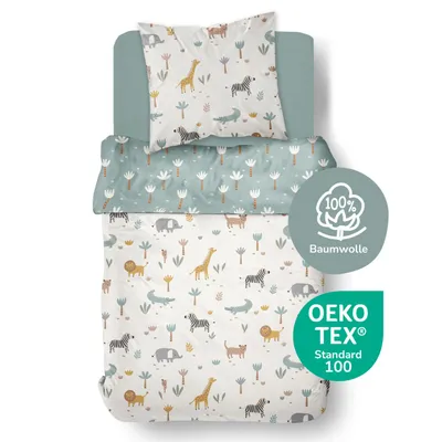 Produktbild von Kinderbettwäsche Set Afrika Safari Hell Blau 135x200 80x80 cm aus 100% Baumwolle mit Reißverschluss
