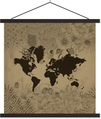 Produktbild von MuchoWow® Textilposter Weltkarte - Grün - Pflanzen 90x90 cm mit schwarzem Rahmen - Magnetisches