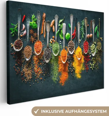 Obrázek produktu pro OneMillionCanvasses® - Obraz na plátně - Lžíce - Koření - Barevné - Koření, nástěnná malba, nástěnné dekorace obrazy obývací pokoj, 40x30cm