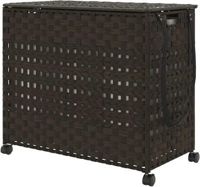 Immagine prodotto di Cesto per la biancheria con ruote - Vasca per il bucato - Cesto per la biancheria - Contenitore per il bucato - Cesto per la biancheria in rattan - Rattan intrecciato a mano e con 3 scomparti
