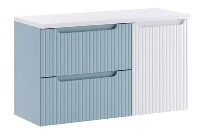 Produktbild von Waschbeckenunterschrank - Beistellschrank 40 cm mit Wäschekorb, Unterschrank 60 cm & Arbeitsplatte 100 cm , Nova Denim N BM380 - Denim/Weiß Matt