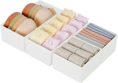 Image de Kit de rangement pour tiroirs, 4 pièces, système de rangement en tissu, organiseur de placard pliable, pour pantalons et vêtements, blanc