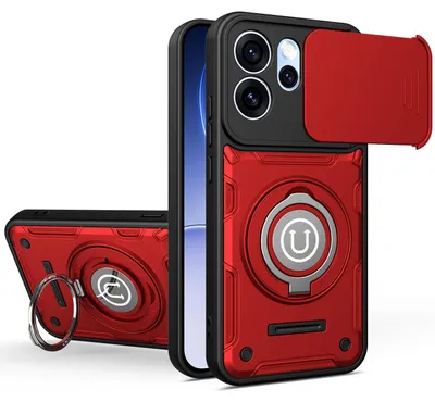 Produktbild von Magnetische Handyhülle für Oppo Reno15 Pro Max mit Kameraschutz Schieber, Ringhalter und Ständer, Stoßfeste Hülle Rot