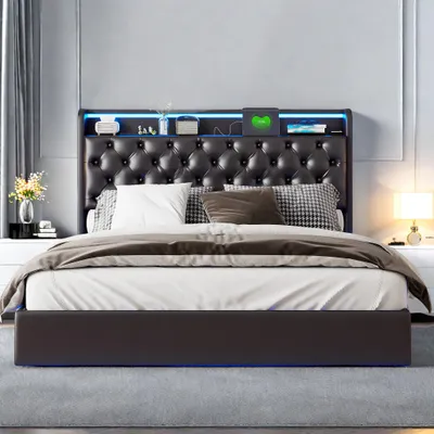 Obrázek produktu pro 140x200cmPolyuretanplovoucí postel s LED hlavou a tělem, polstrovaným úložným prostorem na čele a EU zástrčkou - moderní a praktický design
